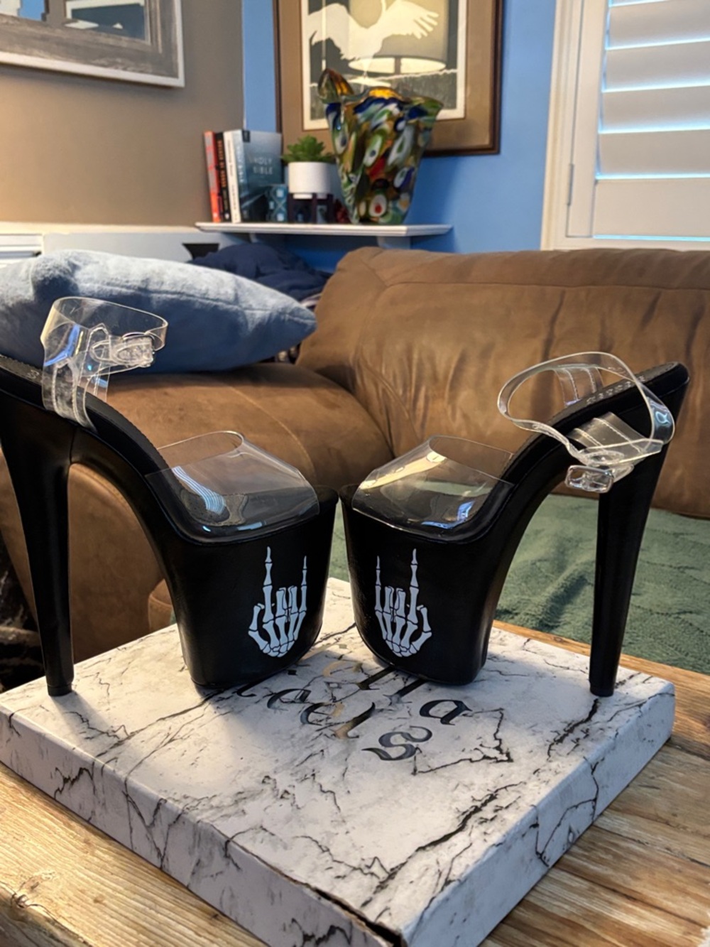 Black Platform Stiletto Heels with Clear Straps and Skeleton Accent